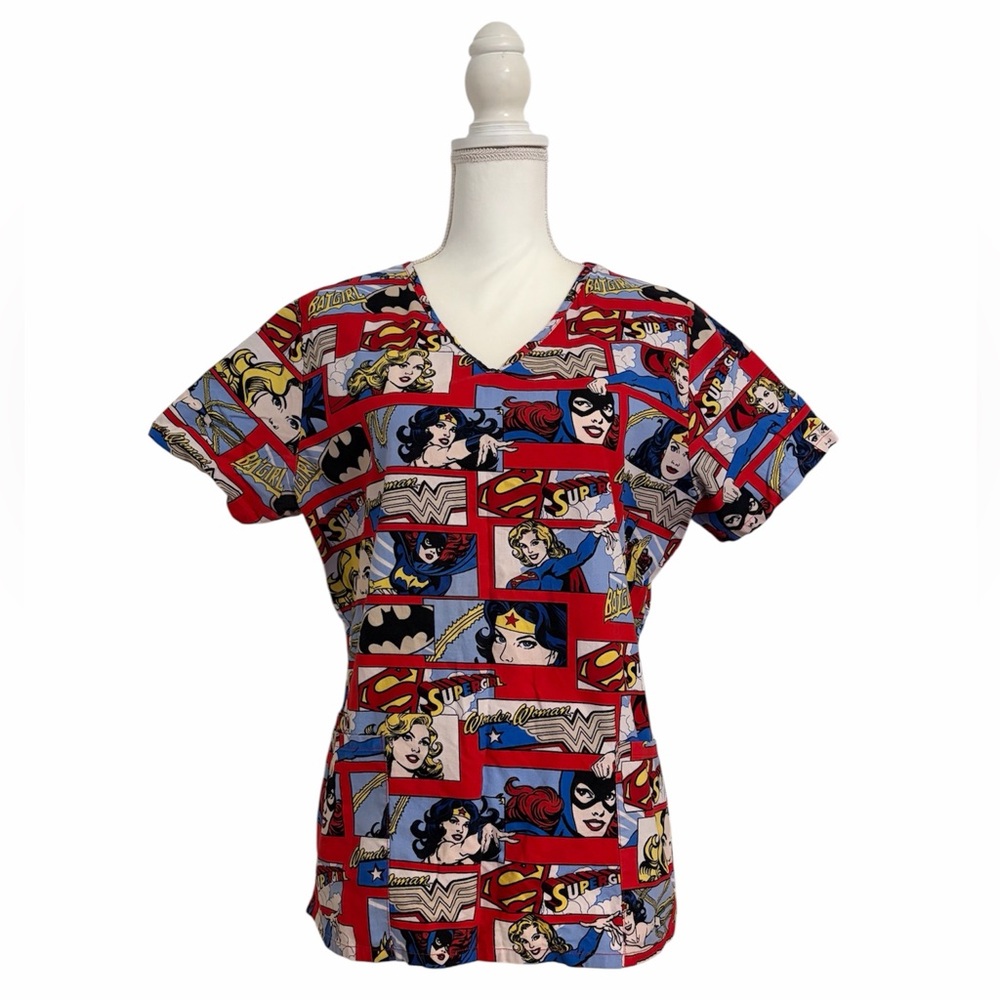 Justice League Wonder Woman, Super Girl & Bat Girl Nursing Scrub Top Women’s Med